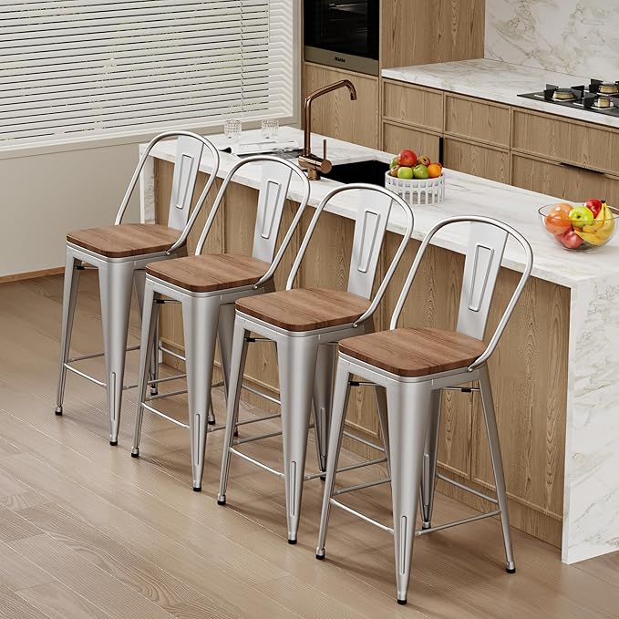 Changjie Furniture 24 Inches Metal Barstools Set of 4 Counter Height Bar Stools Industrial Stools with Backs High Back Chairs for Kitchen Island (24 Inch, Silver)
