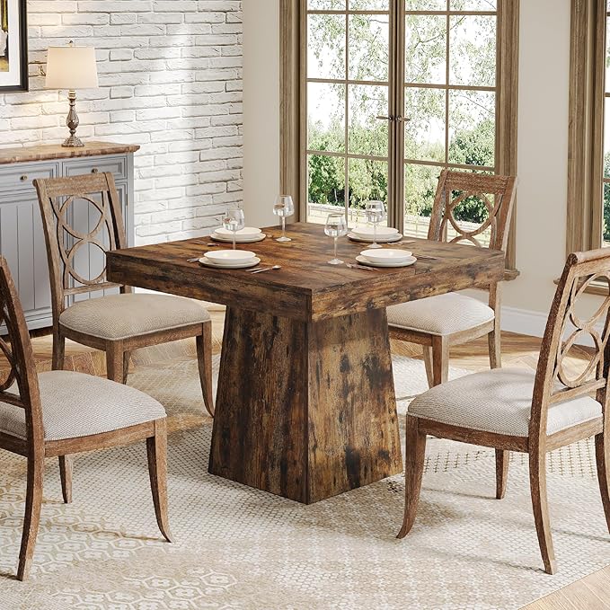 Tribesigns Square Dining Table for 4, 31.5-Inch Small Kitchen Table with Sturdy Pedestal Base, Farmhouse Dinner Table for Dining Room, Living Room, Kitchen (Vintage Brown)