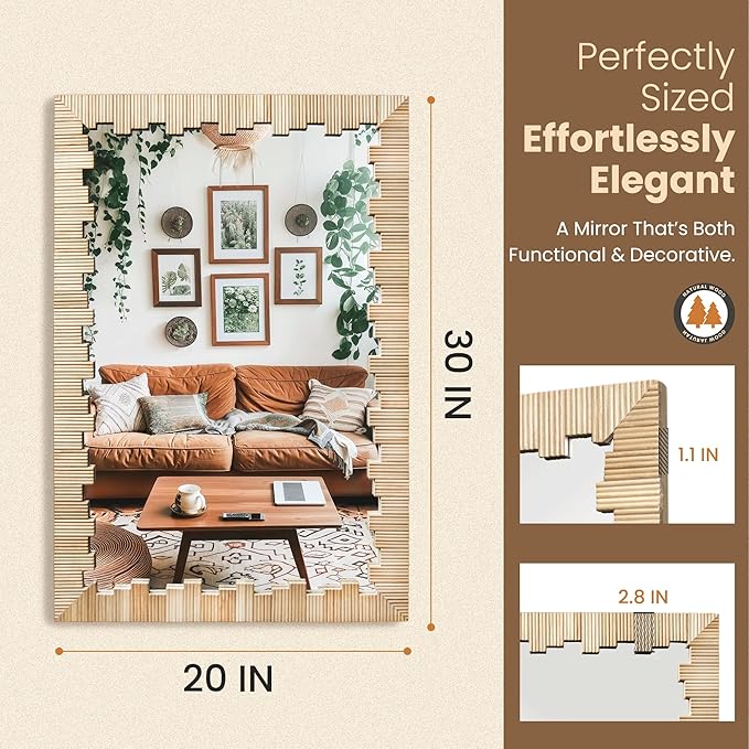 Boho Wall Mirror with Wood Frame, 30"x20" Faux Rattan Decorative Vanity Mirror for Bathroom, Living Room, Bedroom, Entryway(Rectangle)