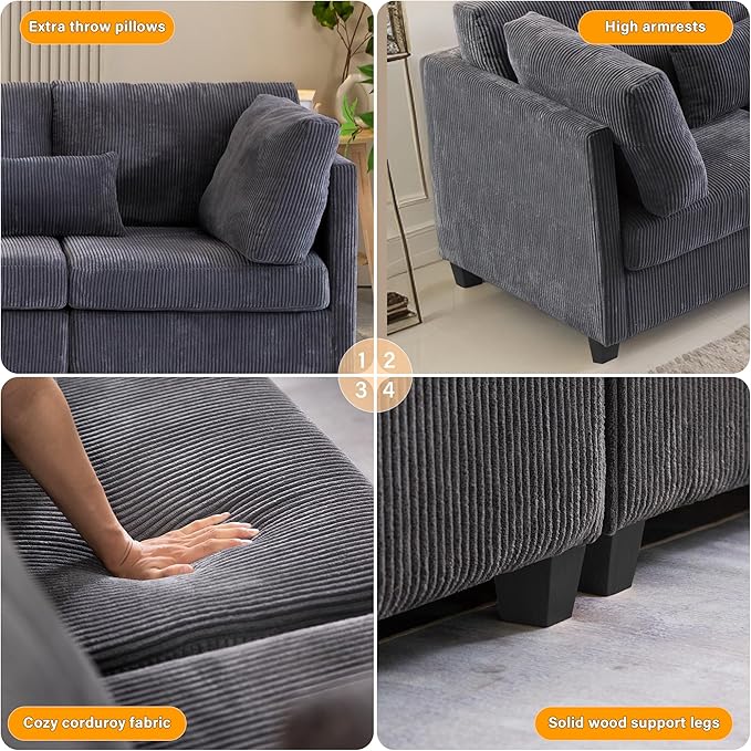 126" Convertible L-Shaped Modular Sectional Sofa, 4 Seater Corduroy Upholstered Corner Sofa Couch with Extra Wide Deep Seat, DIY Combination Lounger Sofa with Solid Wood Legs for Living Room Office