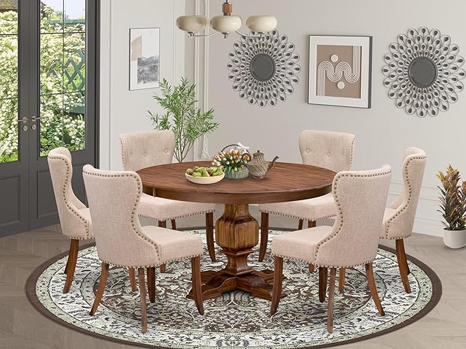 F3SI7-50N-04 7-Pc Kitchen Table Set consists of a Pedestal Table and 6 Light Tan Polyester Padded Chairs with Button Tufted- Antique Walnut