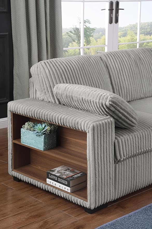 Eafurn Oversized U Shaped Convertible Sleeper Sectional Sofa w/Pull Out Couch Bed, 6 Seater Corduroy Upholstered Corner Lounge Sofa Couch Sleeper Sofabed w/Storage Chaise,Shelves