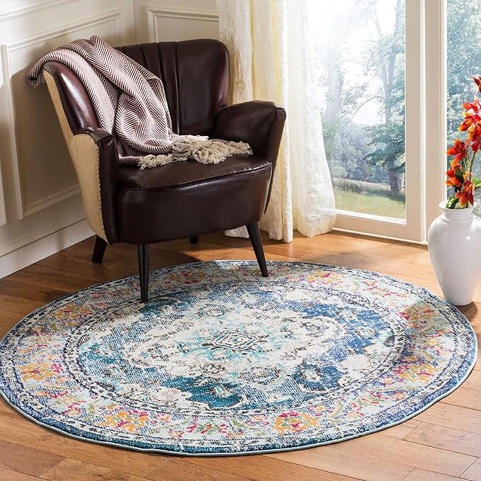 SAFAVIEH Monaco Collection Area Rug - 4' Round, Navy & Light Blue, Boho Chic Medallion Distressed Design, Non-Shedding & Easy Care, Ideal for High Traffic Areas in Living Room, Bedroom (MNC243N)