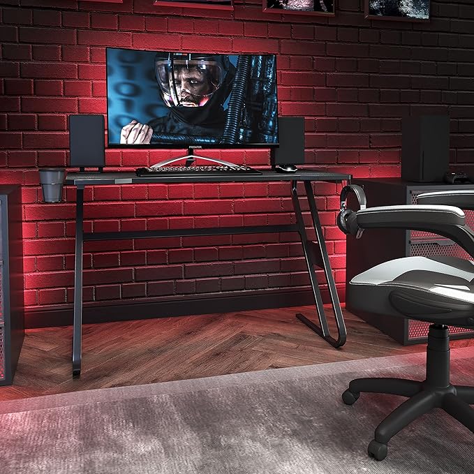 Flash Furniture Fisher Gaming Desk - Black Ergonomic Computer Desk - 51.5" Gamers Table with Cup Holder and Headphone Hook