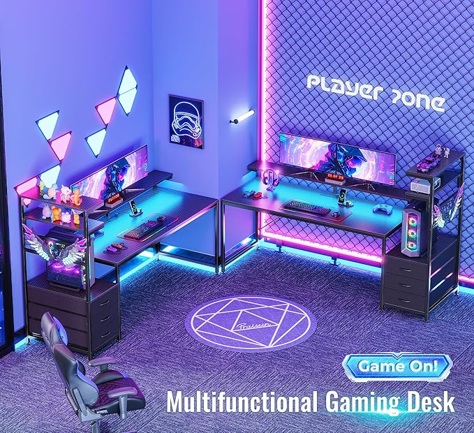 PRAISUN 68" Gaming Desk with LED Lights & Outlets, Computer Desk with 3 Fabric Drawers, PC Desk with PC Case Stand & Movable Storage Shelves, Monitor Stand, Reversible, Carbon Fiber Black