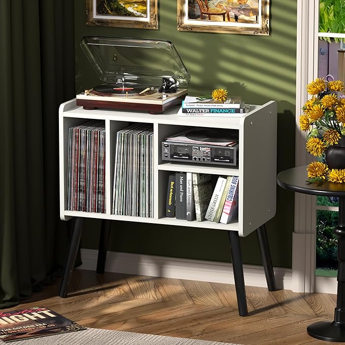 Record Player Table, Mid-Century Record Player Stand with Vinyl Storage Hold Up to 150+ Albums, Vinyl Record Cabinet with Adjustable Shelves, Wood Turntable Stand for Music Living Room (White)