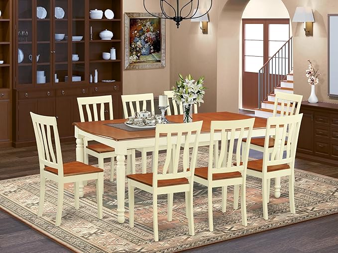 East West Furniture DOAN9-WHI-W 9 Piece Kitchen Table & Chairs Set Includes a Rectangle Dining Room Table with Butterfly Leaf and 8 Solid Wood Seat Chairs, 42x78 Inch, Buttermilk & Cherry