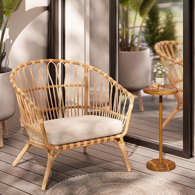 Drink Table, 24.4" Tall Compact Side Table with Phone Slot and Weighted Base, Durable Pedestal Table Accent for Living Room (Stepped Base, Acacia)