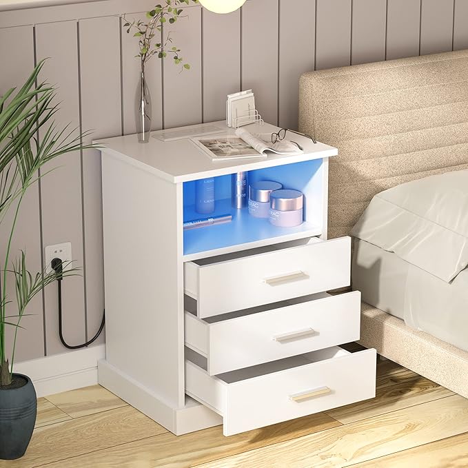 Nightstand with Charging Station, LED Lights Side Table with 3 Drawers, End Table for Bedroom Ofiice White 2 Set