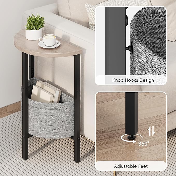 Vagusicc Small Round Side Table End Table with Storage Basket, Accent Coffee Tables Modern Round Nightstand, Set of 2 Half Round Tables, Tall Sofa Table Bedside Table for Living Room Bedroom,Gray