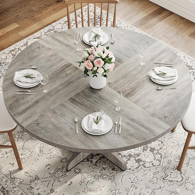 GarveeHome Round Dining Table for 4, 47 Inch Farmhouse Circle Kitchen Table with Wood Tabletop and Stable Base, for Home Dining Room Living Room, Grey (Only Table)
