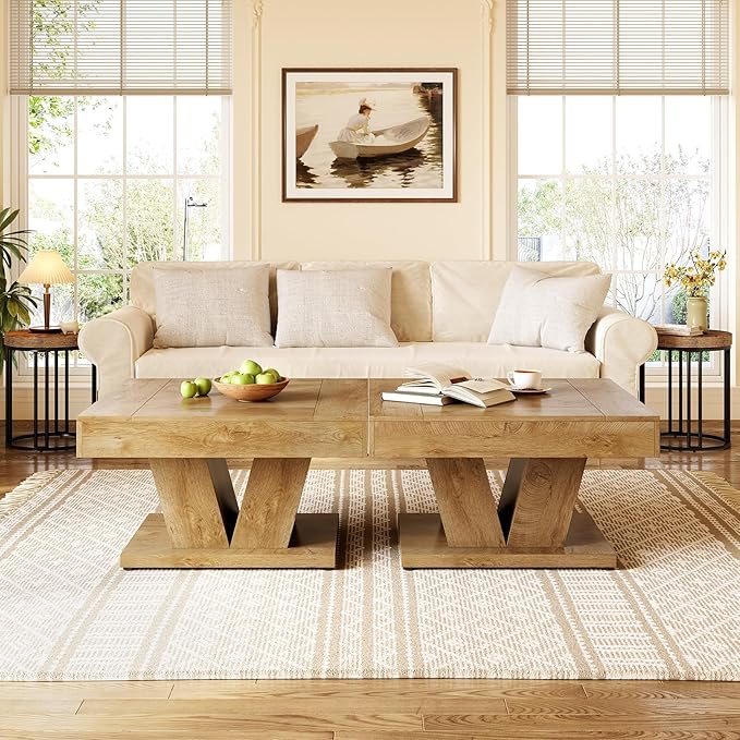 LITTLE TREE Square Coffee Table, Modern Rustic Coffee Table for Living Room, Wooden Table with Adjustable Feet, Oak