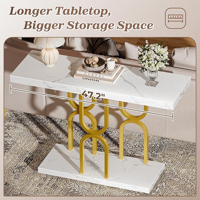 Huuger 47.2 Inch Entryway Table with Marble Top, Modern Console Sofa Table, Accent Table, for Entry, Hallway, Entrance, Foyer, U-Shaped Metal Base, White Marble & Gold