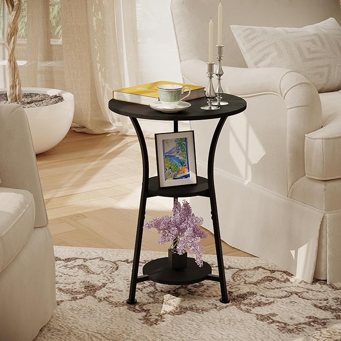 Dulcii Small Round End Table for Narrow and Small Space, 3-Tier Round Accent Couch Beside Table, Modern Side Table Corner Sofa Table Nightstand for Living Room Bedroom,Black