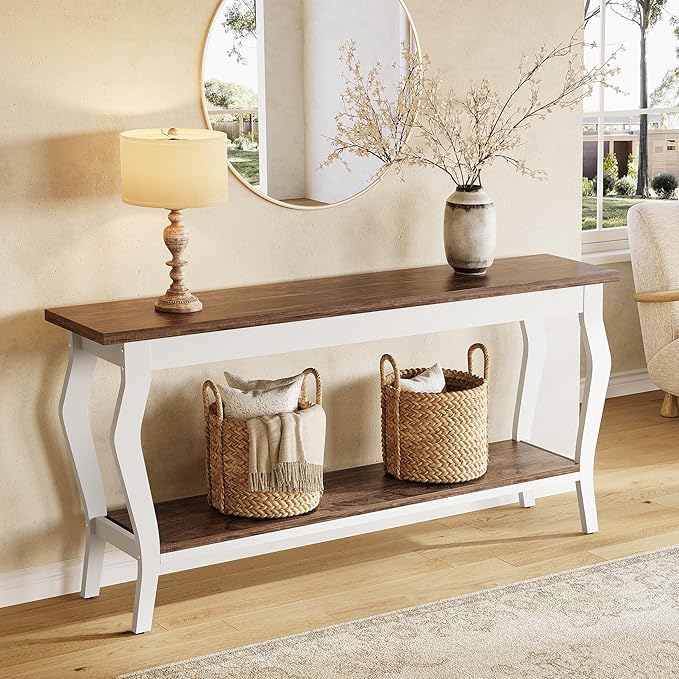LITTLE TREE 70.9 Inches Long Console Table, 2-Tier Vintage Wooden Sofa Table Behind The Couch with Metal Legs for Hallway, Entryway, Living Room, Brown & White