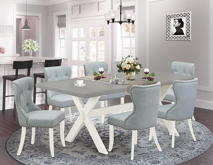 East West Furniture X097SI215-7 7 Piece Dining Table Set Consist of a Rectangle Kitchen Table with X-Legs and 6 Baby Blue Linen Fabric Parson Dining Room Chairs, 40x72 Inch, Multi-Color
