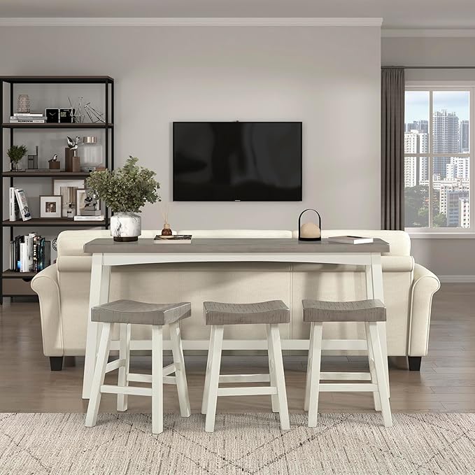 Lexicon Bar Table Set for 3, Small Kitchen Table Set Kitchen Island Table with 3 Saddle Bar Stools, 4 Piece Dining Table Set for Breakfast Nook, Living Room, Apartment, Counter Height, White/Coffee