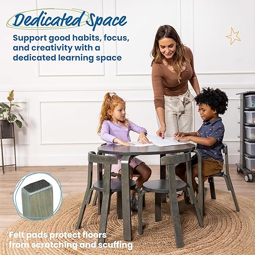 ECR4Kids Bentwood Round Table and Curved Back Chair Set, Kids Furniture, Grey Wash, 5-Piece