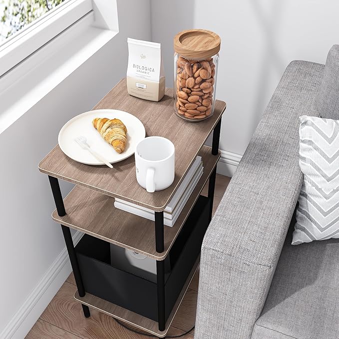 Small Side Table with Charging Station, Set of 2 End Table for Small Spaces, Slim Nightstand with Outlet,Sofa Beside Table, 3-Tier Storage Shelf,Living Room, Bed Room, Natrual Walnut