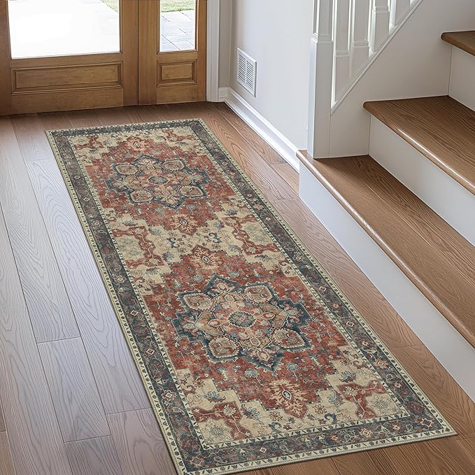 GENIMO 2x12 Runner Rugs for Hallway, Machine Washable Non Slip Vintage Rugs, Low Pile Lightweight Soft Print Rug for enrtyway, Corridor, Home Office, Kitchen, Bordeaux