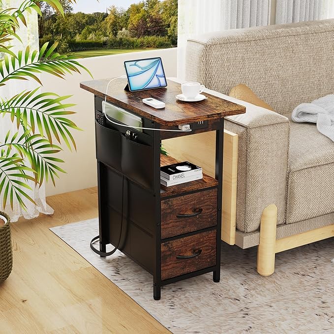 Small Side Table with Charging Station, Narrow Nightstand Bedside Tables with Storage Pocket for Living Room Bedroom, Sofa End Table with USB Ports and Power Outlets for Small Spaces
