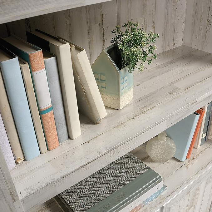 Sauder Select Book Shelf, Bookshelf with Storage, Library Bookcase with Doors and Adjustable Shelves, in White Plank