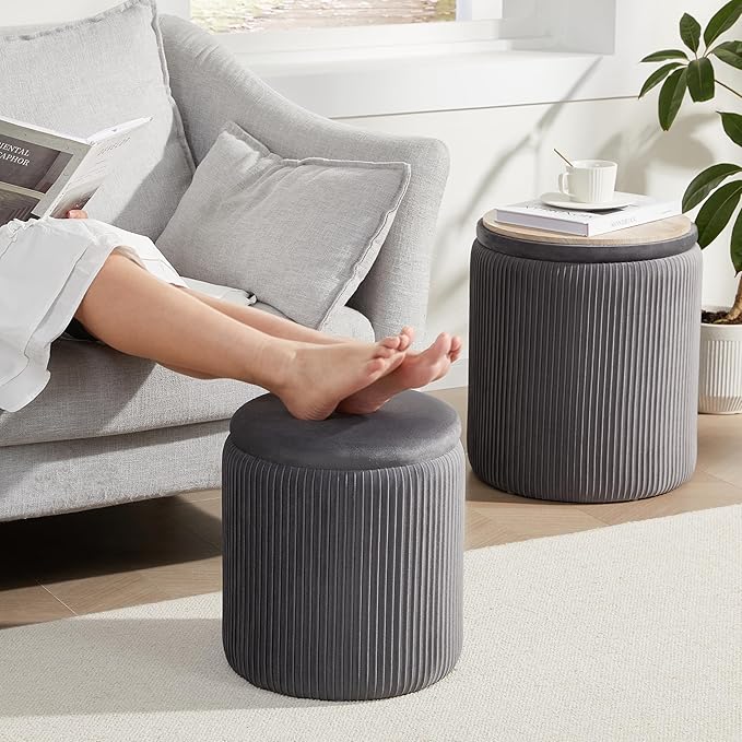 Royal Windsor Round Ottoman with Storage Set of 2,Vanity Stool with Storage for Bedroom, Ottoman Coffee Table,Small Velvet Foot Stool for Living Room,Grey