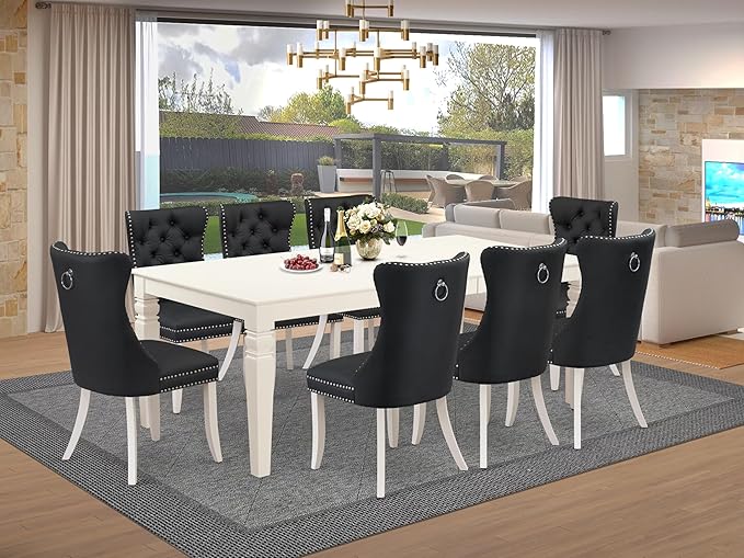 East West Furniture LGDA9-LWH-12 9 Piece Dining Table Set Contains a Rectangle Kitchen Table with Butterfly Leaf and 8 Polyester Fabric Chairs, linen white