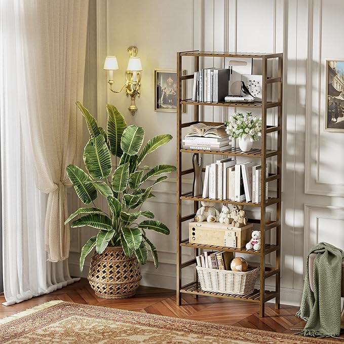 HITNET Bookcase, Bamboo Bookshelf, 6-Tier Adjustable Tall Open Book Shelf, Free Standing Storage Shelves Organizer, Flower Plant Display Stand, Walnut