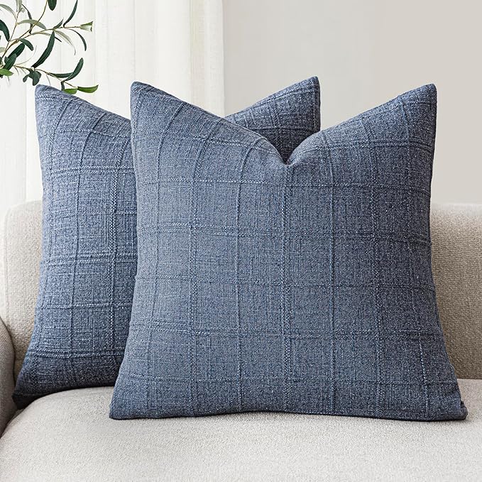 Foindtower Set of 2 Decorative Linen Check Throw Pillow Covers Neutral Farmhouse Vintage Cushion Covers Modern Coastal Boho Home Decor for Sofa Chair Couch Bedroom Living Room Outdoor,26×26 Inch,Blue