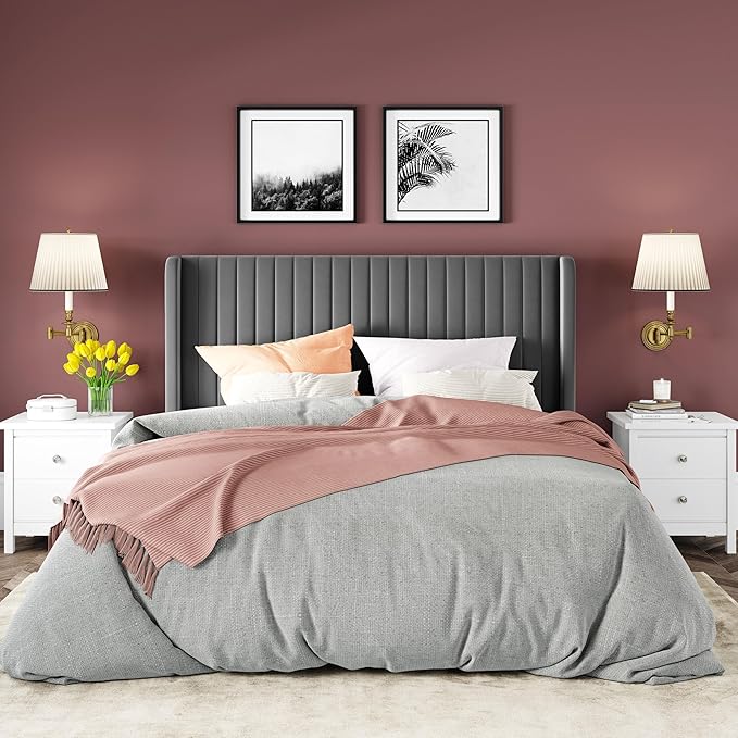Allewie Queen Size Velvet Bed Frame/Vertical Channel Tufted Wingback Headboard/Upholstered Platform Bed/Strong Wooden Slats/No Box Spring Needed/Easy Assembly/Grey