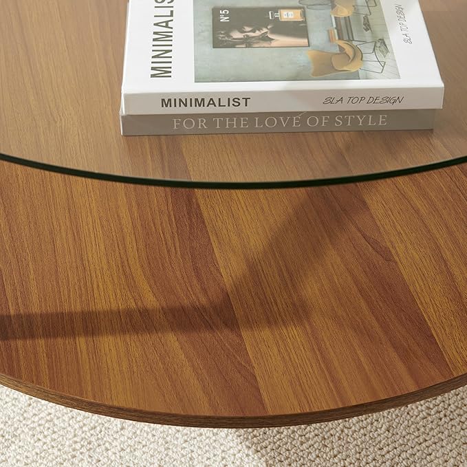 Round Coffee Table, Mid-Century Modern Design, D30*H17 inch, for Living Room, 2-Tier Structure, Clear Glass Top and Walnut MDF Shelf, Sleek Conical Metal Legs with Gold Finish