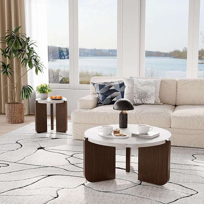 COSIEST Small Round Side Table, Modern 3-Leg Accent End Table with Faux Marble Wood Top and Wood-Like Legs, Nightstand for Living Room, Bedroom, Office, Cream White & Dark Brown,17.7”Dia. x 18.9”H