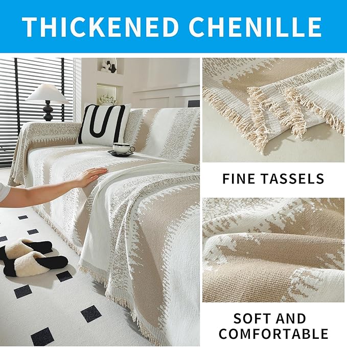 LUFEIJIASHI Boho Couch Covers for Sofa Non Slip Sofa Covers Washable Couch Covers for 3 Cushion Couch Sofa Pet Friendly Sectional Couch Cover Blanket Furniture Protector for Dogs (Khaki, 91"x150")