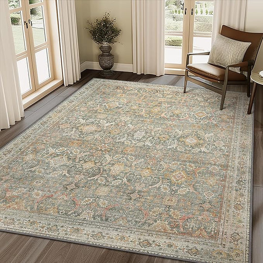 5X7 Area Rugs Machine Washable Rugs for Living Room, Vintage Boho Large Rugs for Bedroom Dining Room, Non Slip Indoor Soft Distressed Lightweight Thin Low Pile Carpet, Turmeric