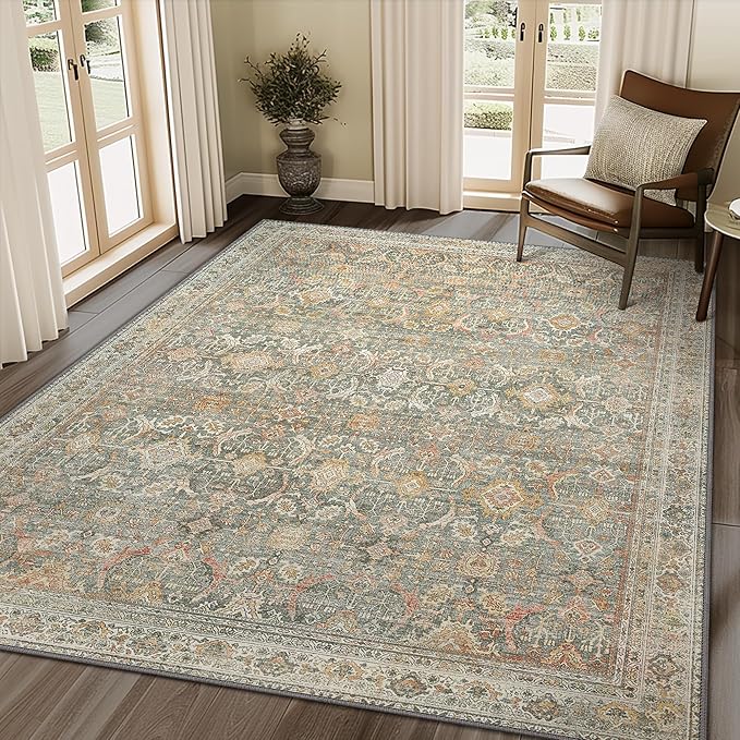 3X5 Area Rugs Machine Washable Rugs for Living Room, Vintage Boho Large Rugs for Bedroom Dining Room, Non Slip Indoor Soft Distressed Lightweight Thin Low Pile Carpet, Turmeric