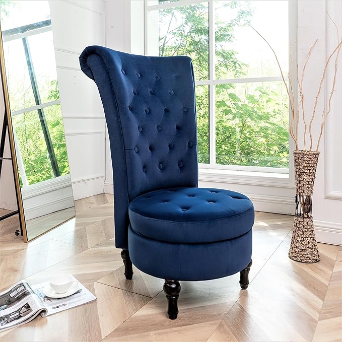 Container Furniture Direct Royal High-Back Velvet Accent Chair for Vanity with Storage and Luxurious Upholstery, Retro Design and Versatile Usage for Living Room, Bedroom, Lounge and Office, Dark Blue
