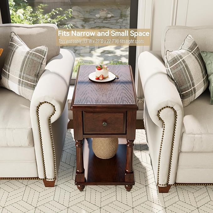 Narrow End Table with Drawer and Storage Shelf, Solid Wood Sofa Side Tables for Living Room, Slim Beside Table-, Vintage Telephone Tabless for Small Spaces, No-Tools Assembly Vintage Walnut BBJ004DWA