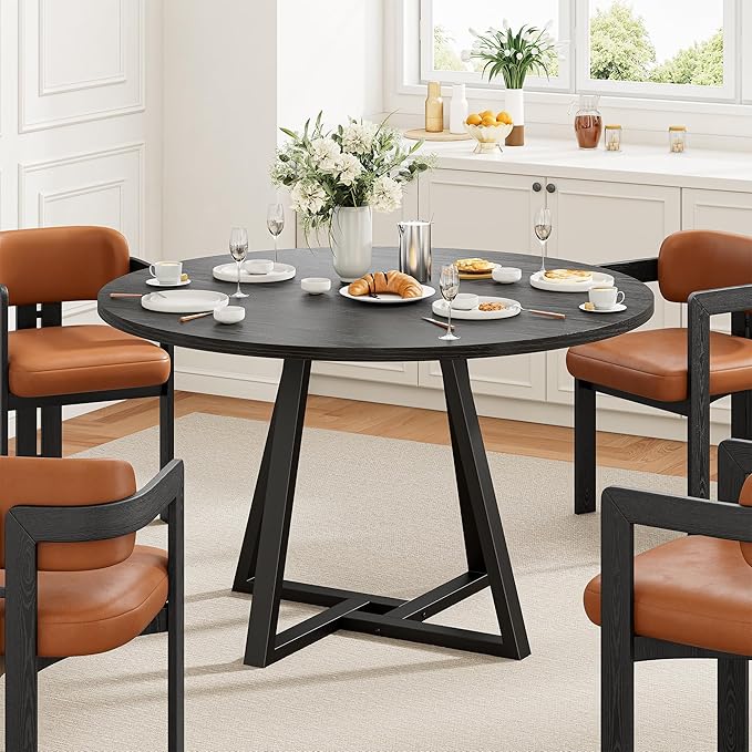 IRONCK 43" Round Dining Table for 4, Wood Kitchen Table with Metal Base, Space Saving Industrial Circle Dinner Table for Kitchen Dining Room, Black