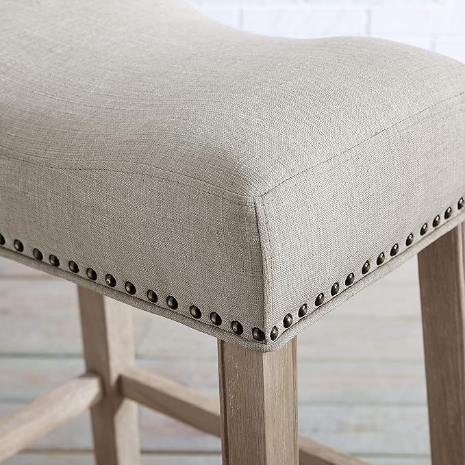 Roundhill Furniture Coco Upholstered Backless Saddle Seat Counter Stools 25.5" Height, Set of 2, Fabric, Tan