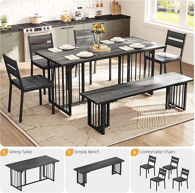 DWVO 63 Inch Dining Table Set for 6-8 People 6-Piece Large Kitchen Table Set with 2 Benches and 4 Chairs Farmhouse Rectangular Dining Room Table for Kitchen Dining Room Apartment Dark Grey