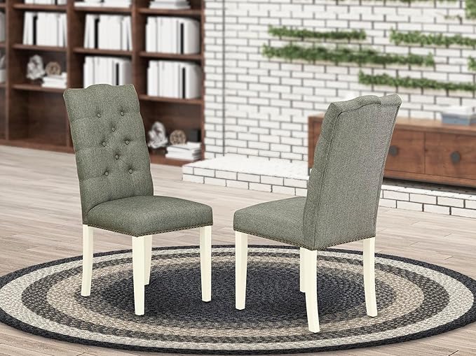 East West Furniture ELP2T07 Elsa Parson Dining Room Chairs - Button Tufted Nailhead Trim Gray Linen Fabric Padded Chairs, Set of 2, Linen White
