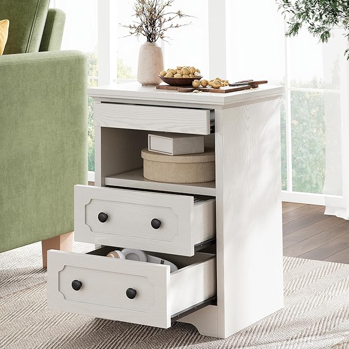 LIKIMIO Night Stand, Modern Bedside Table with 2 Drawers, Open Shelf, End Table with Pull-Out Tray, Wood SideTable, White