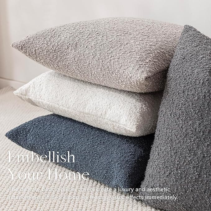 Foindtower Pack of 2, Decorative Textured Boucle Throw Pillow Covers Accent Solid Pillow Cases Cozy Soft Couch Cushion Case for Chair Sofa Bedroom Living Room Home Decor 22 x 22 Inch Neutral Grey