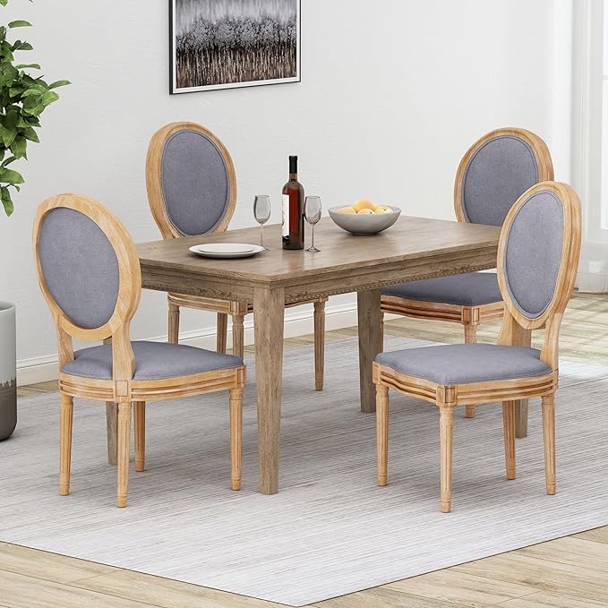 GDFStudio Hedwig French Country Fabric Dining Chairs (Set of 4), Light Gray + Natural