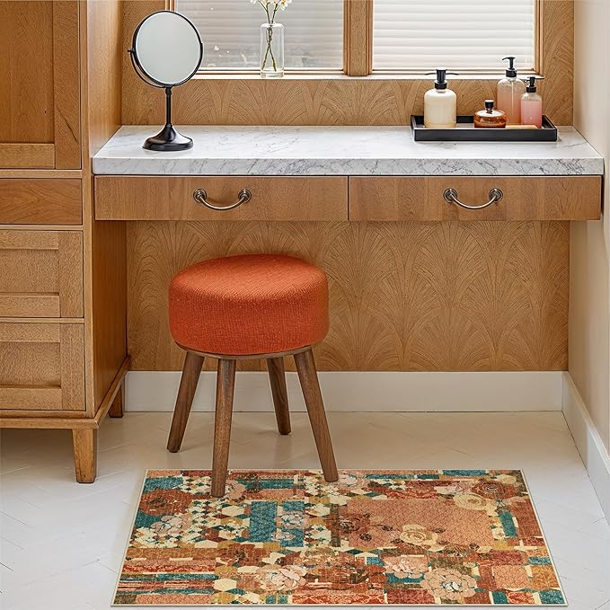 GENIMO Area Rug 2x3 Doormat, Machine Washable Low Pile Rugs, Small Floral Patchwork Retro Chenille Entryway Mat for Entrance, Hallway, Kitchen and Corridor, Rose Red