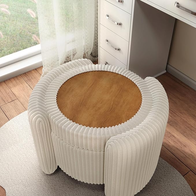 Furniture of America Lennox Modern Chenille 25-inch Round Storage Ottoman with Reversible Flip Top, Upholstered Footstool for Living Room, Bedroom, Entryway, Beige Pink