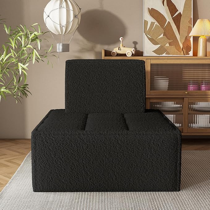 Modular Sherpa Sofa Chair, Cozy Floor Lounge Seating, No Armrests, Small Sofa for Small Spaces, Reading Nook, or Apartment Living, Single, Black