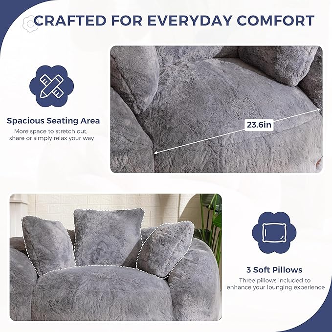 MAXYOYO Bean Bag Chair with 3 Pillows, Oversized Floral Shaped Bean Bag Sofa for Adults, Ultra Soft Faux Fur Floor Sofa, Large Stuffed Reading Chair for Living Room Bedroom, Grey