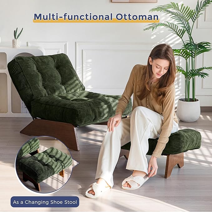 MAXYOYO Accent Chair with Ottoman Adjustable Backrest, Tufted Living Room Chair Upholstered Lounge Chair with Footrest Set, Modern Chair Cozy Reclining Chair for Reading Room, Green
